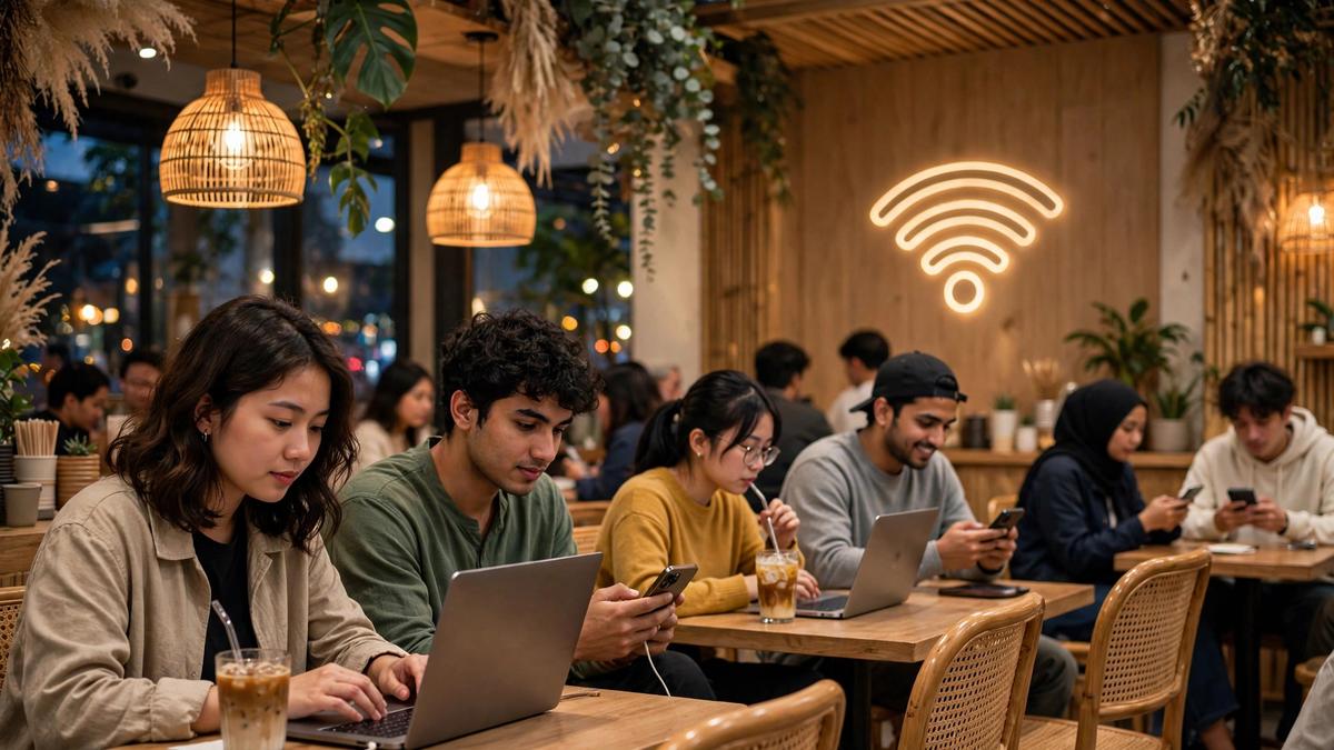 Customers connecting to free WiFi on phones and laptops at a modern café in Vietnam — the moment WiFi advertising captures their full attention