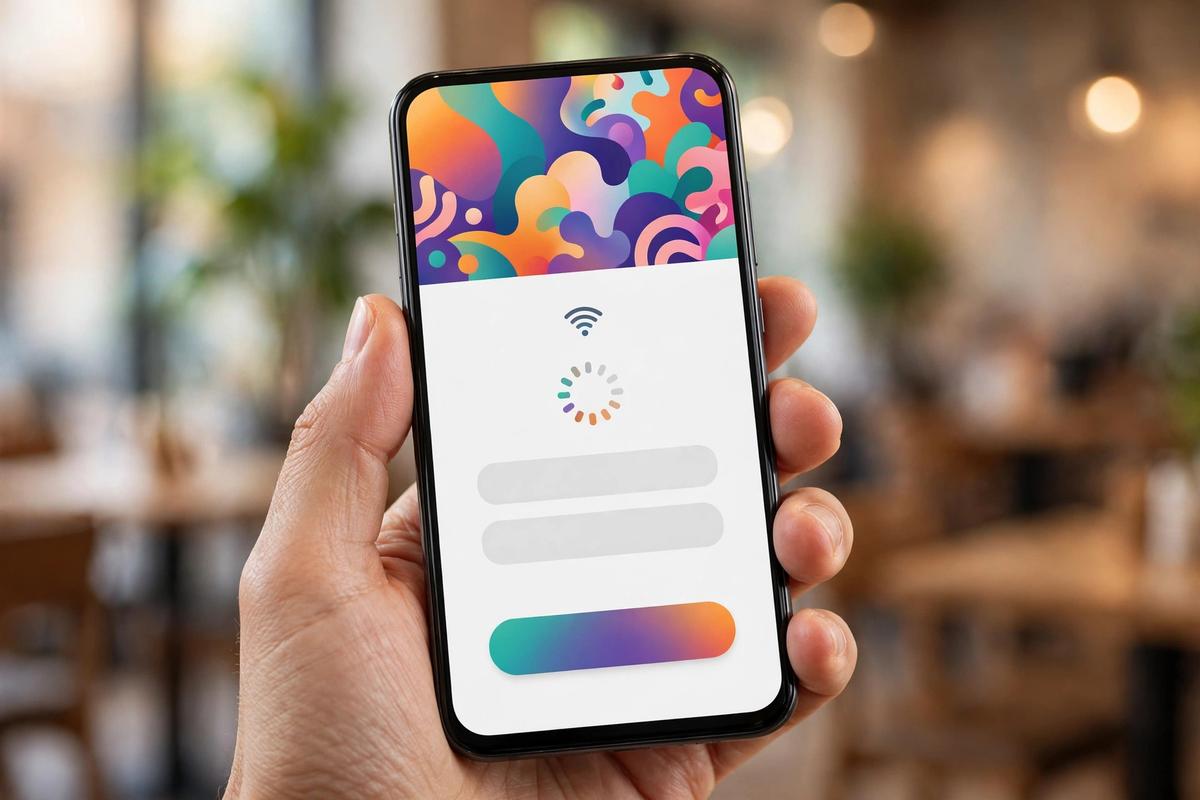 Smartphone showing a WiFi captive portal login screen with a brand advertisement banner